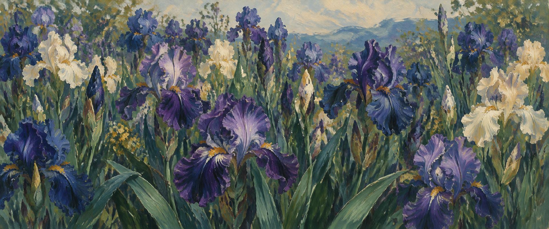 Expressive painted iris garden in violet, ivory and forest green